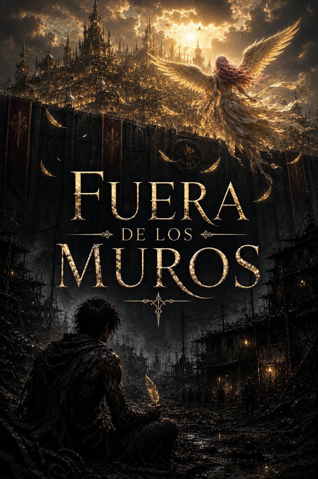 Fantasy movie poster showing a winged angel above a golden castle with a warrior figure below, Spanish title Fuera de los Muros